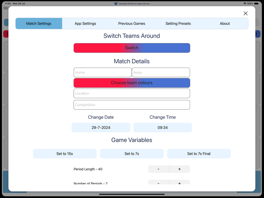 Pitch Side App Settings