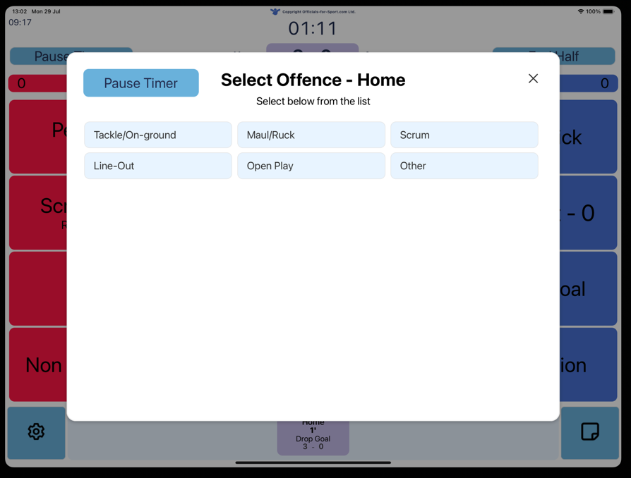 Pitch Side App Main Select Offense